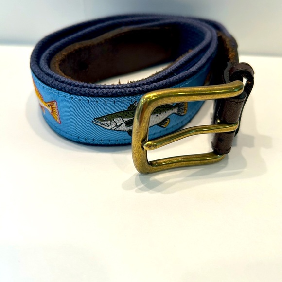PELICAN COAST CO. COTTON & LEATHER MEN FISH BELT SIZE 36 BLUE TROUT - Picture 1 of 4